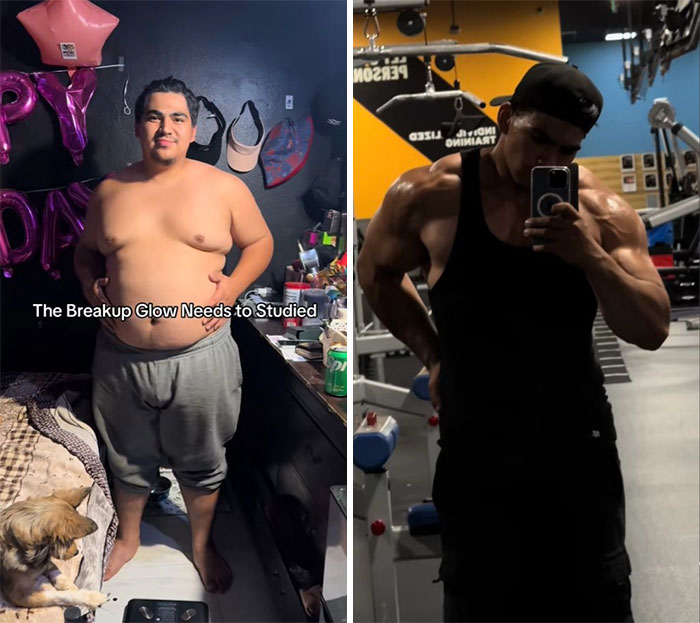 Before and after breakup glow-up comparison showing dramatic physical transformation and fitness progress in two side-by-side photos.