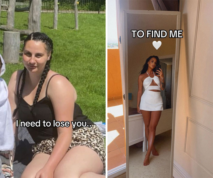 Side-by-side comparison photos showing the breakup glow-up effect with a transformation in appearance and confidence.