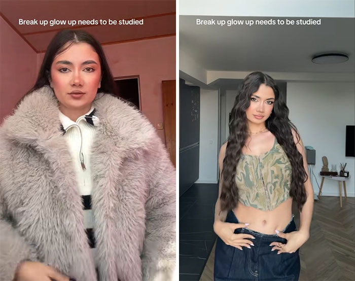 Side-by-side comparison photos showing the breakup glow-up effect with noticeable style and confidence transformation.