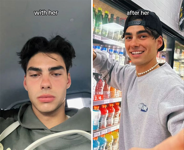 Side-by-side comparison photos showing the breakup glow-up effect with before and after breakup transformation.