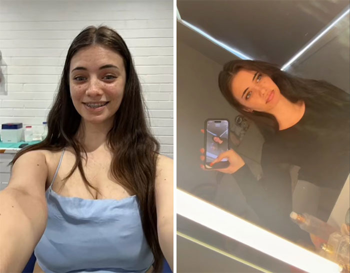 Side-by-side comparison of a woman showing the breakup glow-up effect with noticeable changes in style and confidence.