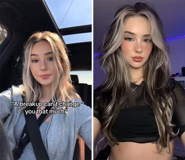 Side-by-side comparison photo showing the breakup glow-up effect with noticeable changes in style and confidence.