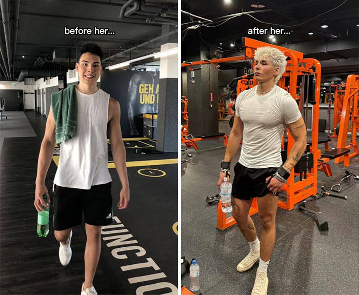Side-by-side comparison of a man showing the breakup glow-up effect with a fitness transformation at the gym.