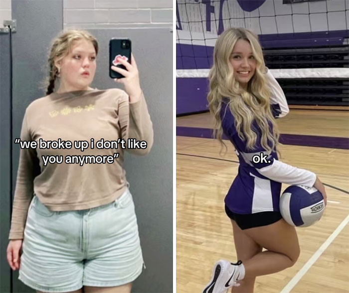 Before and after breakup comparison showing the glow-up effect with confident and happy transformation in two side-by-side photos.