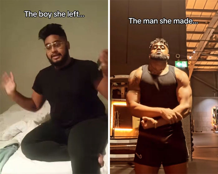 Side-by-side comparison of a man before and after breakup glow-up transformation showing fitness and confidence improvement.