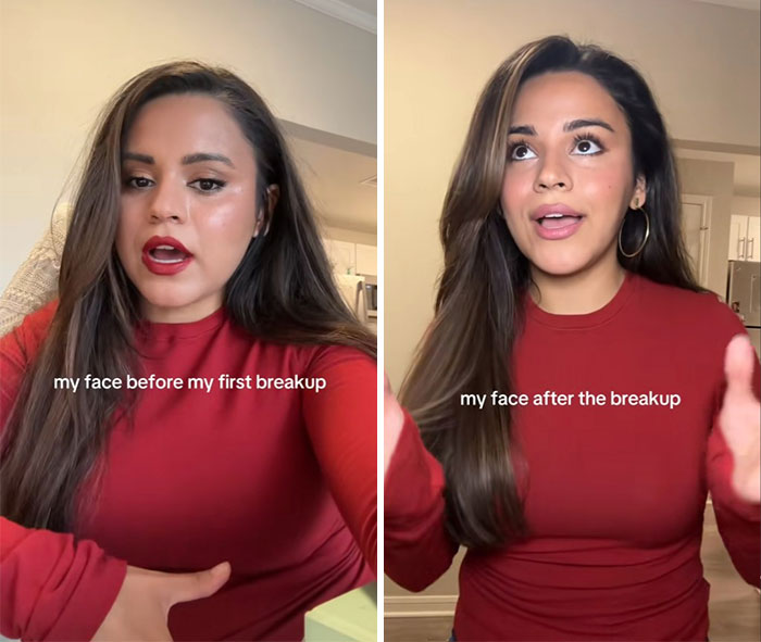 Side-by-side comparison of a woman showing the breakup glow-up effect before and after her first breakup.