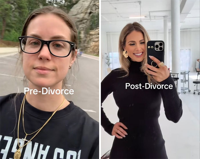 Side-by-side comparison of a woman showing breakup glow-up effect before and after divorce, smiling and confident post-divorce.