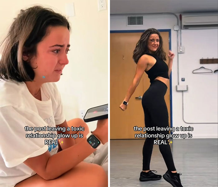 Side-by-side comparison of a woman before and after showing the breakup glow-up effect from leaving a toxic relationship.