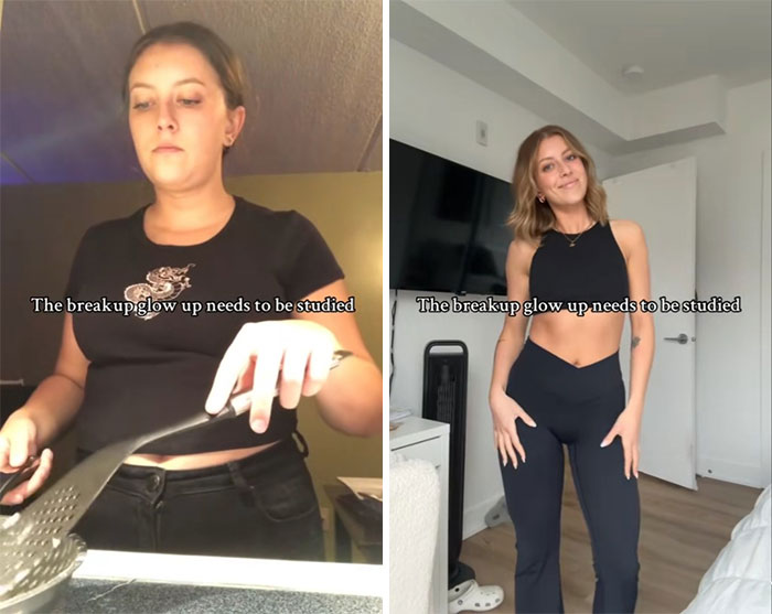 Side-by-side comparison photos showing the breakup glow-up effect with a woman before and after transformation.