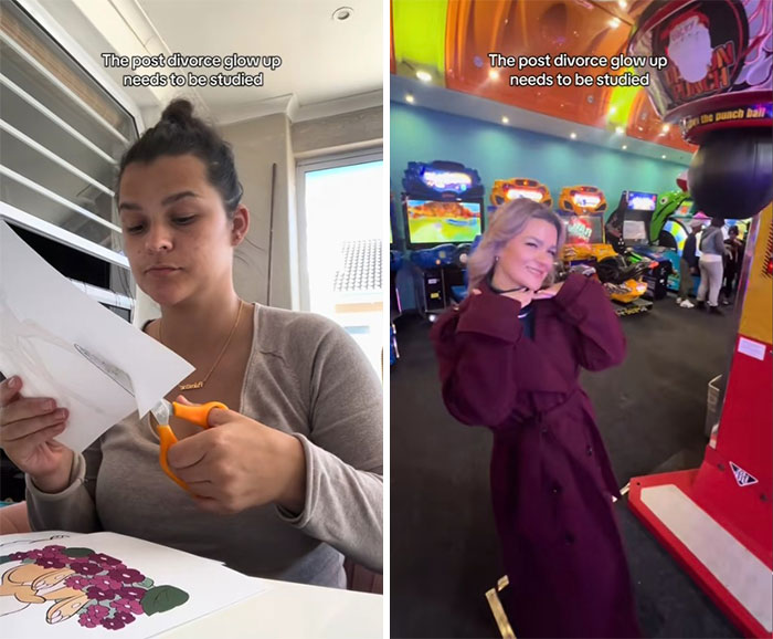 Side-by-side comparison of a woman before and after showing the breakup glow-up effect with a confident and joyful transformation.