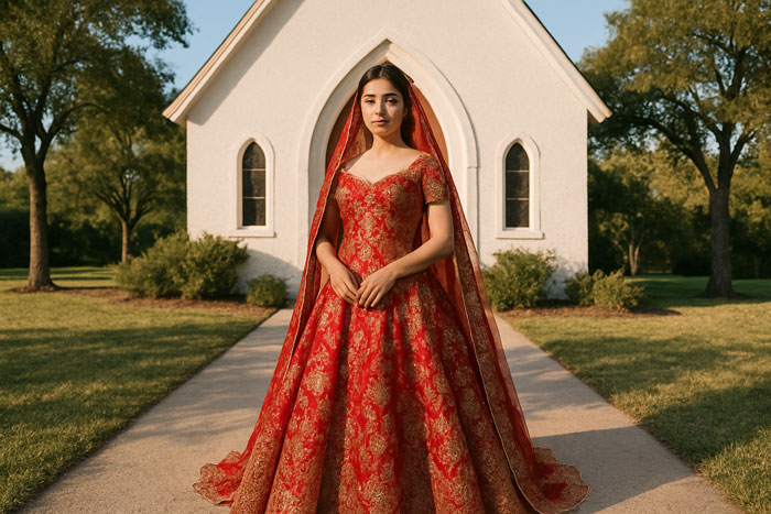 Bride wearing a red gown standing outside a chapel, outsmarting her attention-seeking mom who wore a white dress.