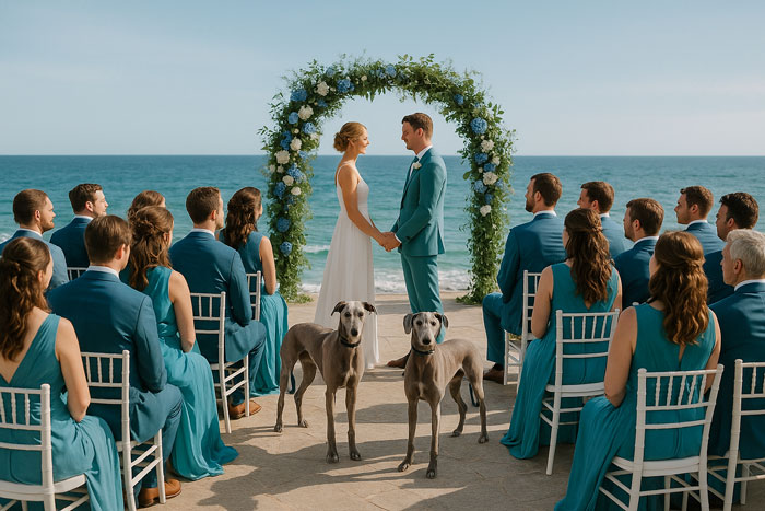Bride and groom holding hands at beach wedding with bridesmaids, groomsmen, and two dogs in foreground. - 7