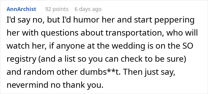 Alt text: Comment discussing a woman too stunned to answer an acquaintance's request to lend her daughter for a wedding event. - 19