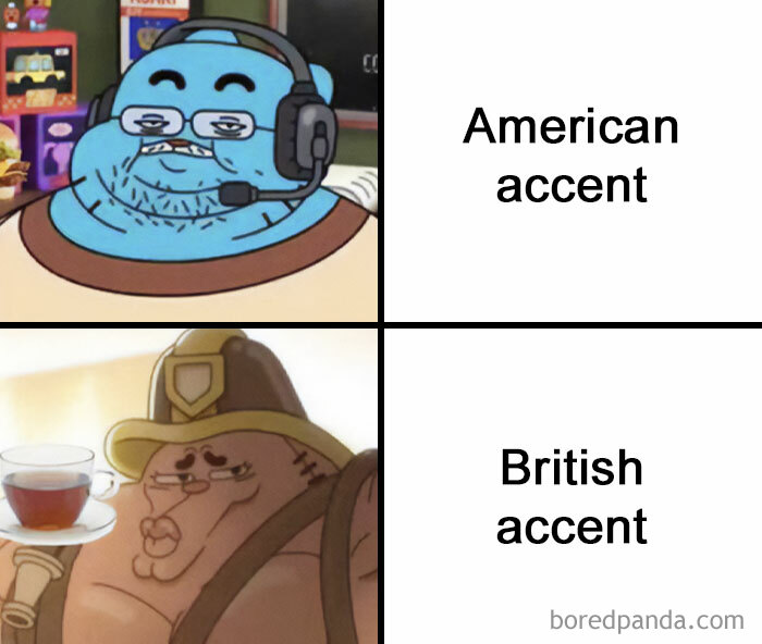 Cartoon comparison of American and British accents humorously depicted, highlighting funny memes about life in the UK.