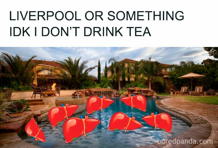 Humorous meme showing cartoon livers in a pool with text about Liverpool and UK life funny memes.