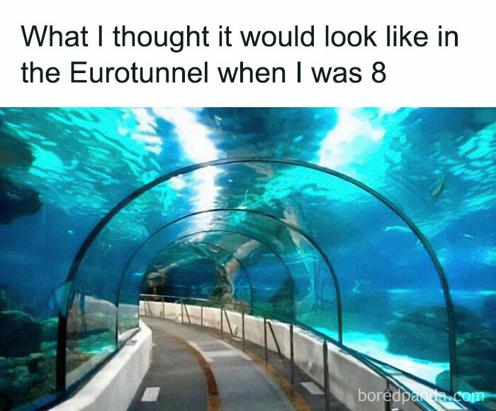 Underwater glass tunnel resembling Eurotunnel, humorous perspective on life in the UK captured in a funny meme.