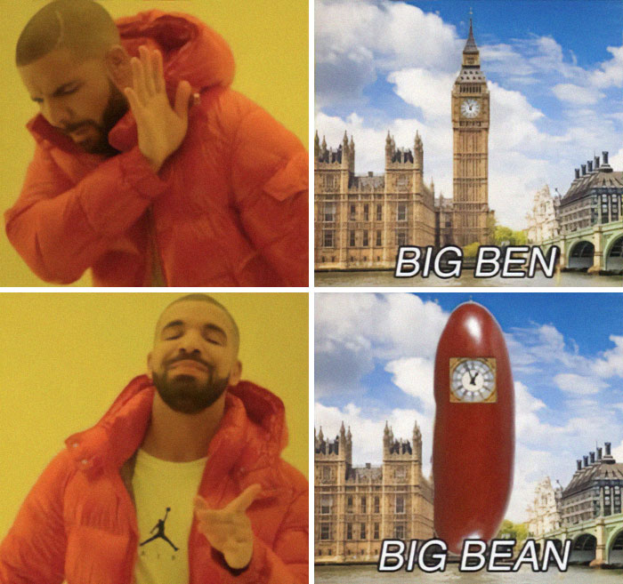 Drake meme comparing Big Ben clock tower and a humorous Big Bean sausage, capturing funny memes about life in the UK.