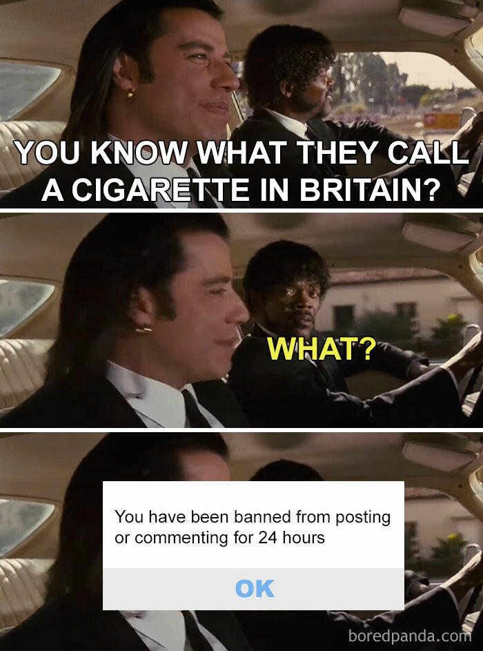 Scene from Pulp Fiction meme illustrating funny memes about life in the UK with humor on social media bans.