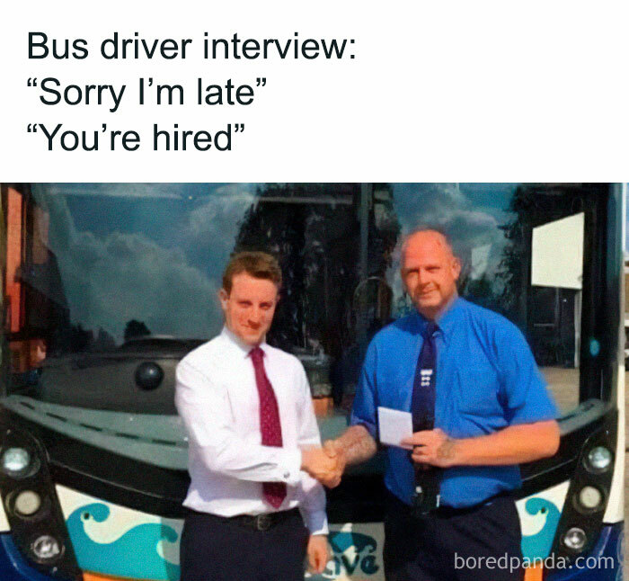 Man in white shirt shaking hands with bus driver in blue shirt in front of bus, funny memes about life in the UK.