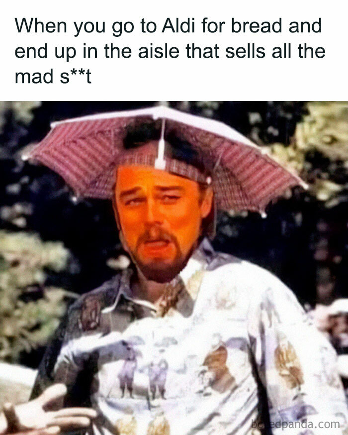 Man wearing a patterned shirt and umbrella hat reacting humorously in a funny meme about life in the UK shopping experience.