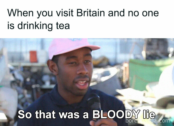 Man in pink cap speaking into microphone with meme text about visiting Britain and tea, illustrating funny memes about life in the UK.