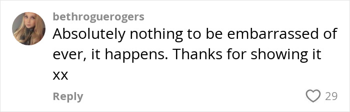 Comment praising Brooks Nader for normalizing period leaks, emphasizing there is nothing to be embarrassed about.