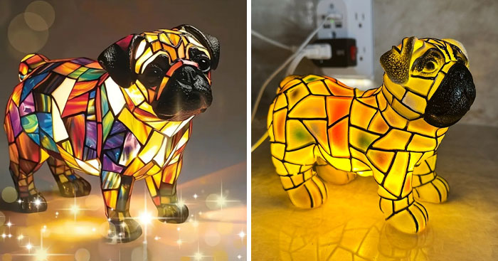 Colorful stained glass style pug figurines glowing under warm light, showcasing AI product design and aesthetics.