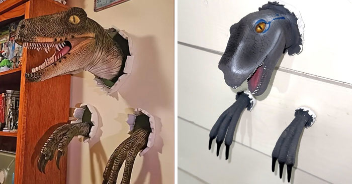 Woman explores AI products by buying fake dinosaur wall mounts with detailed claws and heads for display.