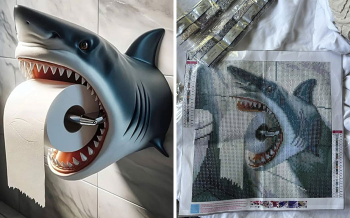 Shark-shaped toilet paper holder bought as an AI product, next to a pixel art version of the same design.