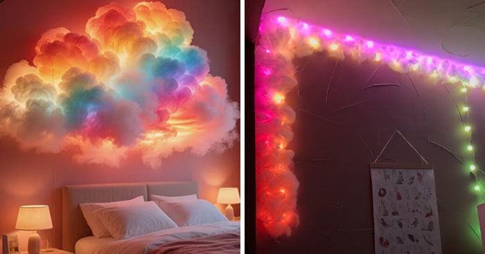 Colorful cloud-shaped and LED string lights demonstrating popular AI products in a bedroom setting at night.