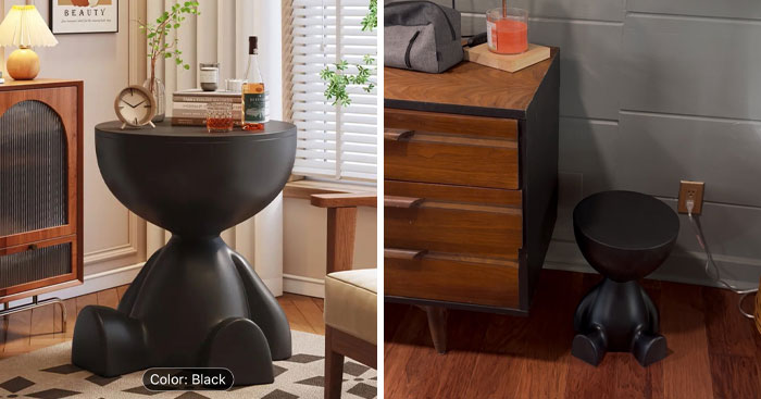 Black AI product stool shaped like a sitting figure in two different home settings with wooden floors and furniture.