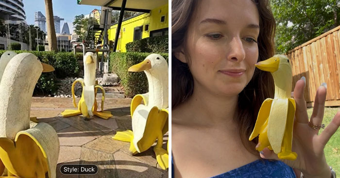 Woman examining AI product shaped like a duck peel, illustrating buying AI products to see what they look like.