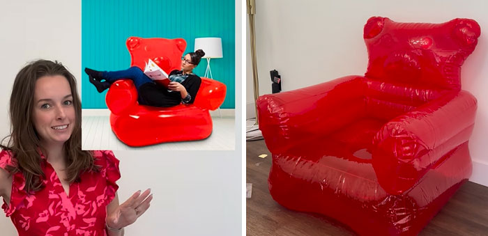 Woman showcases a red inflatable chair bought as an AI product to see what it looks like in reality.