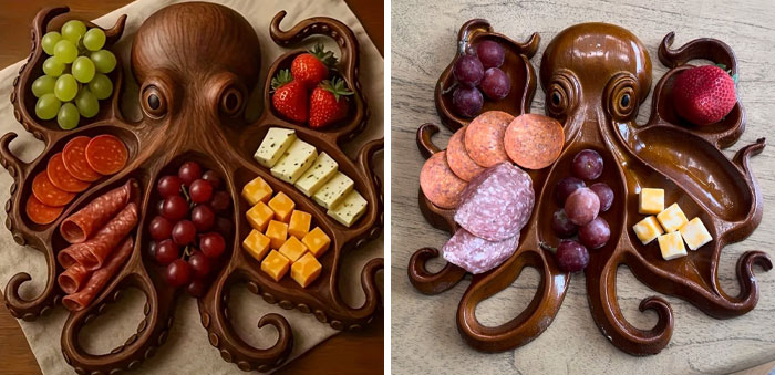 Octopus-shaped wooden serving trays holding assorted fruits, cheese, and meats, showcasing unique AI product designs.