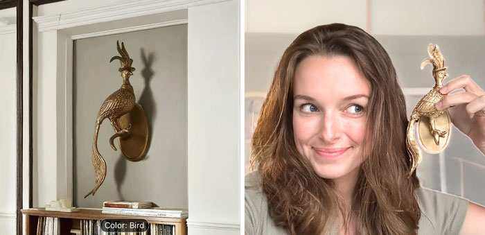 Woman examining AI product bird sculpture on wall, exploring appearance of AI products she bought despite doubts