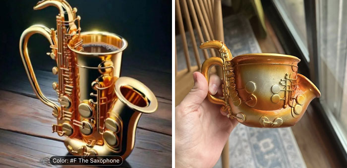 Side-by-side images of a realistic saxophone cup and a woman holding a fake AI product saxophone mug for comparison.