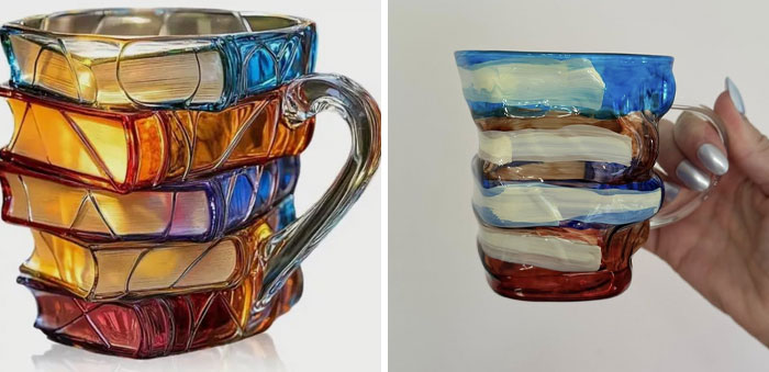 Stacked glass coffee mugs with geometric patterns and a hand holding a colorful abstract AI product mug.