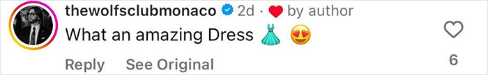 Comment on social media praising a dress, featuring user thewolfsclubmonaco with heart emoji and dress and heart-eyes emojis.