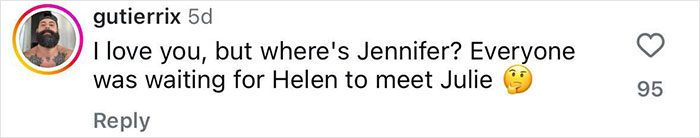 Comment from Instagram user gutierrix with profile picture of a bearded man, mentioning Jennifer and Helen in a casual conversation.