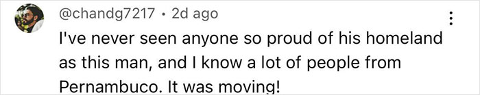 Tweet text on a white background, praising a man proud of his homeland, describing the moment as moving and emotional. - 16