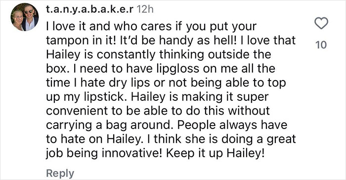 Comment praising Hailey Bieber for innovative bedazzled tampon accessory designed for convenience and multitasking.