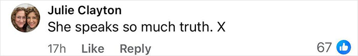 Comment by Julie Clayton reading She speaks so much truth, with a profile picture of two women smiling, displayed on a social media post about Kate Middleton's candid cancer confession.