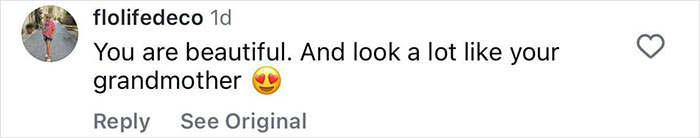 Comment praising resemblance to grandmother, mentioning she looks beautiful and similar to her grandmother Grace Kelly.