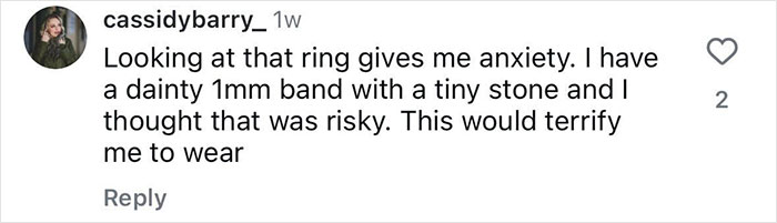 Instagram comment expressing anxiety about wearing a large diamond ring compared to a small 1mm band.