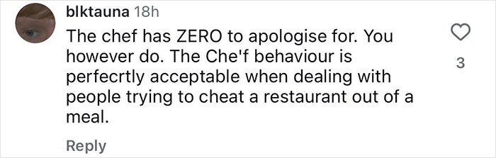 Screenshot of a social media comment defending the chef who was forced to quit her restaurant over a micro influencer dispute.