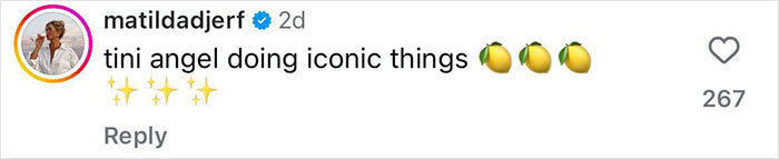 Instagram comment from user matildadjerf praising tini angel with lemon emojis and sparkle emojis, related to bedazzled tampon accessory.