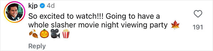 Social media post expressing excitement for a slasher movie night, with emojis of leaves, pumpkin, camera, and popcorn.