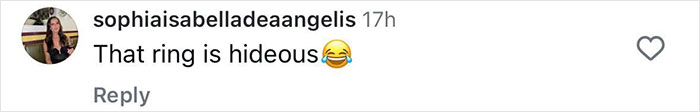 Screenshot of a social media comment criticising Lauren Sanchez's $5 million diamond ring as hideous with a laughing emoji.