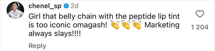 Screenshot of Instagram comment praising marketing with clapping emojis and casual slang about a peptide lip tint product.