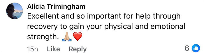 Comment by Alicia Trimingham stressing importance of help through recovery for physical and emotional strength, related to cancer confessions